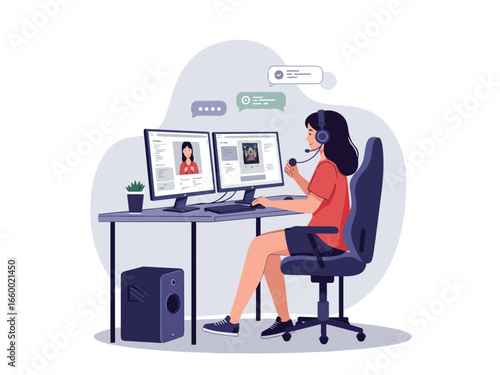 Flat vector illustration teen girl streaming games on gaming setup