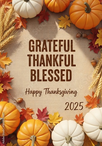 Thanksgiving holiday design featuring pumpkins, autumn leaves, and grateful message for seasonal celebrations
