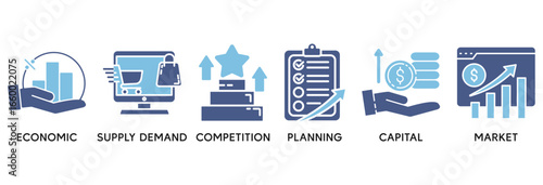 Market economy icon set vector illustration concept relate to economic, supply demand, competition, planning, capital, market