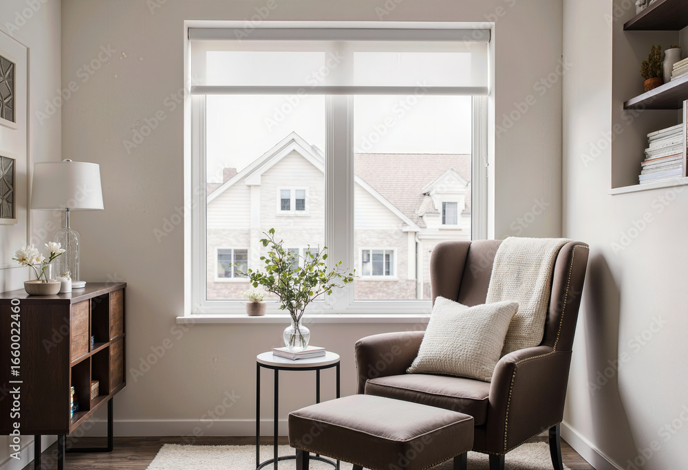 Fototapeta premium A serene and cozy reading nook with a comfortable armchair and ottoman, bathed in soft natural light from a large window, creating a perfect peaceful home retreat. 