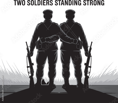 Silhouette Illustration of Two Soldiers Standing Together with Rifles Representing Military Brotherhood and Strength