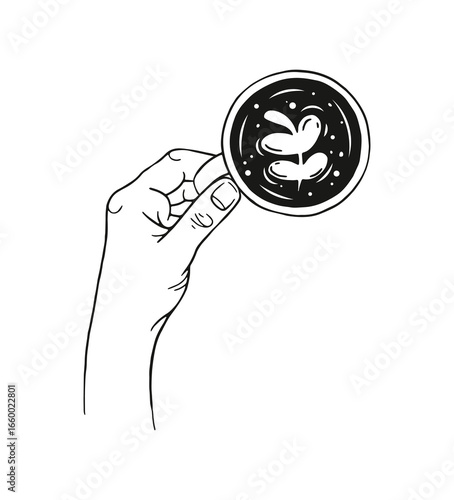 Hand holding a cup of coffee with a leaf. Hand drawn illustration.