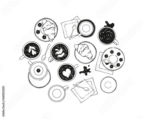 Coffee cups and croissants hand drawn doodle illustration