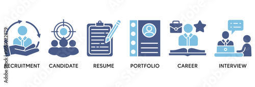 Recruitment icon set vector illustration concept relate to headhunting, candidate, resume, portfolio, career, interview