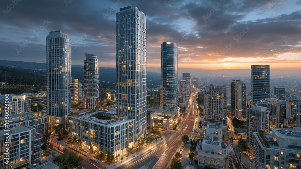 Obraz premium Aerial drone cityscape at golden hour modern urban view
