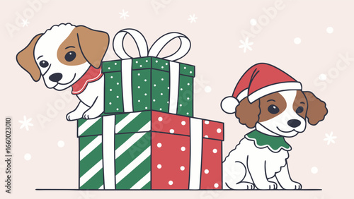 Cartoon Puppies with Christmas Gifts Holiday Illustration.
