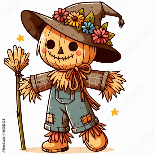 Charming bright scarecrow in a hat with flowers holding a straw broom on a white background