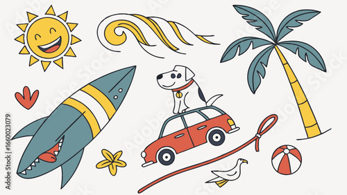Cartoon Summer Vacation Icons with Dog Car Surfboard Palm Tree and Sun.