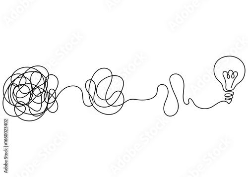 One continuous line drawing from chaos to lightbulb. Concept of problem-solving and business solutions in minimal linear style. Editable stroke doodle vector illustration.