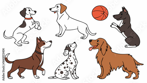Collection of Six Cartoon Dogs of Different Breeds.
