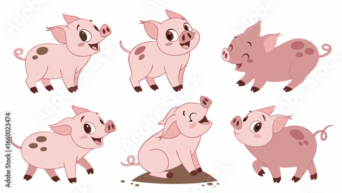 Collection of Six Cartoon Pink Piglets in Various Poses and Expressions.