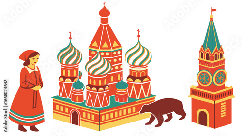 Colorful Cartoon Illustration of Russian Landmarks and Symbols.