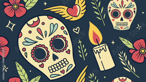 Colorful Day of the Dead Pattern with Skulls and Flowers.