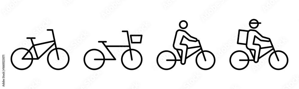 Obraz premium Bicycle line icon set – Includes cycling, food delivery, fitness and sport. Editable stroke. Vector illustration.