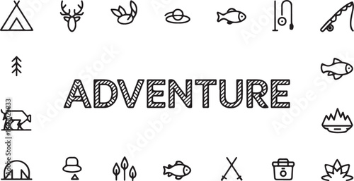 Adventure themed icons with fishing, camping, and nature elements in a seamless pattern design