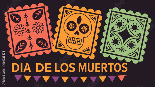 Colorful Dia de los Muertos Papel Picado Decorations with Skull and Floral Designs.
