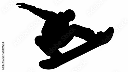 Silhouette of a snowboarder performing a trick mid air against a white background in black and white style