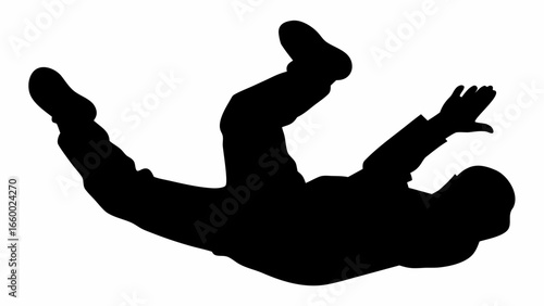 Silhouette of a person falling or skydiving with outstretched arms and legs in a dynamic pose against white
