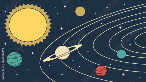 Colorful Solar System Illustration with Planets and Star Orbits.