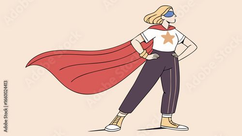 Confident Woman Superhero in Red Cape and Star Shirt.