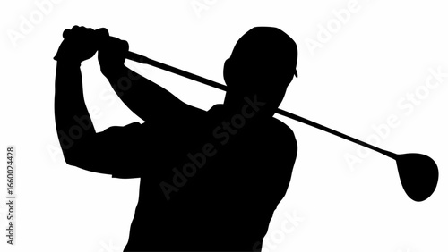 Silhouette of a golfer swinging a club with a follow through in a black and white illustration image