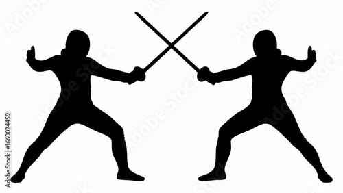 Silhouette of two fencers in action with crossed swords in a dynamic pose and protective gear shown in black