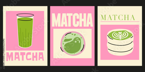 Vintage matcha posters set in retro groovy style. Matcha latte, cups and modern text. Decor for kitchens, cafes, wallpaper, wall decor and postcards. Abstract vector illustration