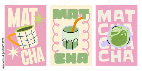Matcha tea posters in retro groovy style. Bright vector illustrations with matcha latte, cups and modern text. Decor for wallpaper, walls and postcards. Vintage home drink posters set