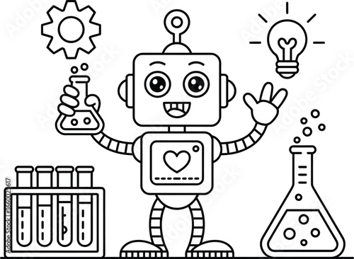 Cartoon Robot Science Icon – Cute AI Character with Lab Elements, Flask, Gear, and Light Bulb for STEM and Tech Themes