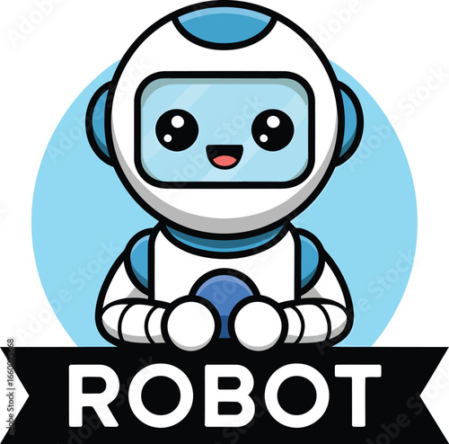Cute cartoon robot mascot with happy face and blue ball, white and blue vector character with bold banner text
