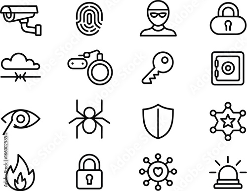 Security icon set with surveillance, fingerprint, thief, padlock, virus, shield, and alarm in outlined vector style