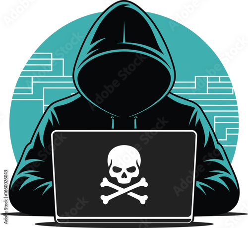 Anonymous hacker with hooded sweatshirt and skull laptop in digital background symbolizing cybercrime and online threats