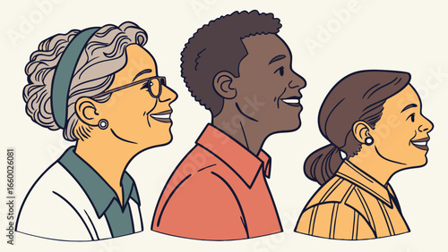 Diverse Group of People Smiling in Profile Illustration.