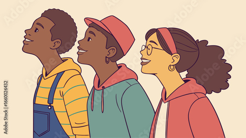 Diverse Group of Young People Looking Upward with Optimism and Hope.