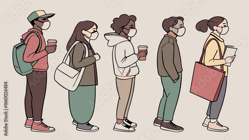 Diverse Individuals in Line Wearing Masks and Carrying Items.