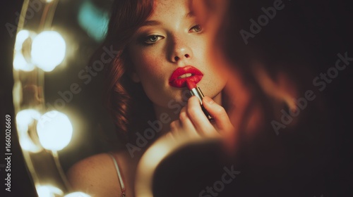 A woman with red hair focuses on applying vibrant red lipstick, illuminated by warm light