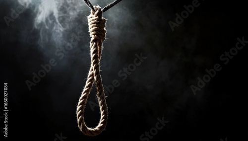 A noose made of rope hangs against a dark, smoky background, symbolizing danger, death, or despair.