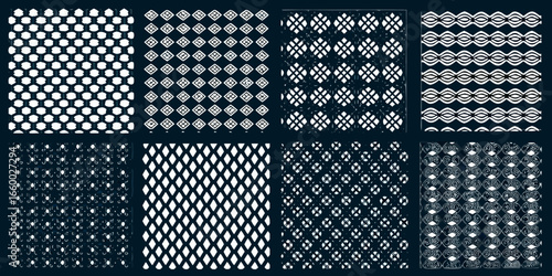 Collection of eight different abstract geometric patterns in white on dark background