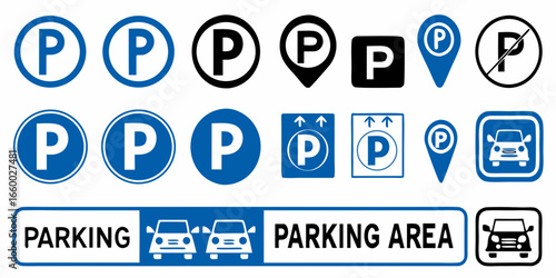 Collection of Parking Sign Icons and Symbols in Blue Black and White