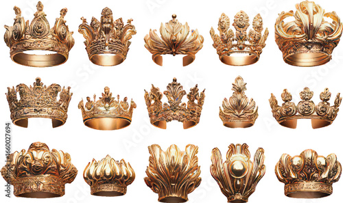 Collection of Ornate Gold Crowns and Tiaras on White Background royal regal