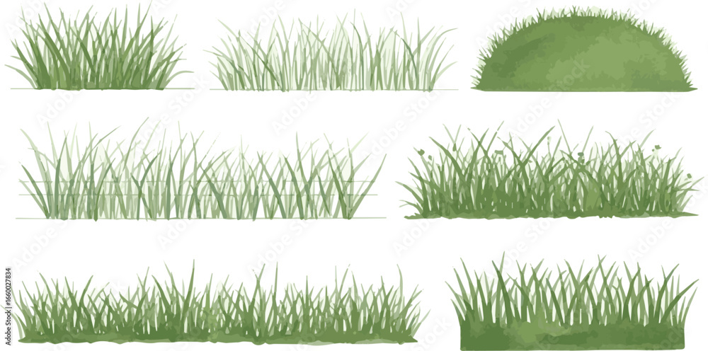 Create a watercolor hand drawn ;set of grass line cad and silhouettes isolated on white background. Ground cover. for elevation architectural element, side view, grass section. Turf coating vector art
