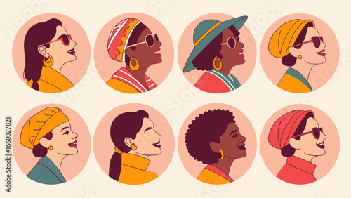 Diverse Women Portraits Stylish Headwear and Sunglasses in Profile.