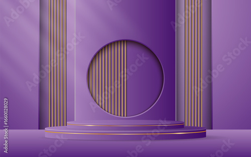Purple podium with elegant golden lines with brown slatted backdrop for advertisement display. Display of cosmetic products. stage or podium. vector illustration	