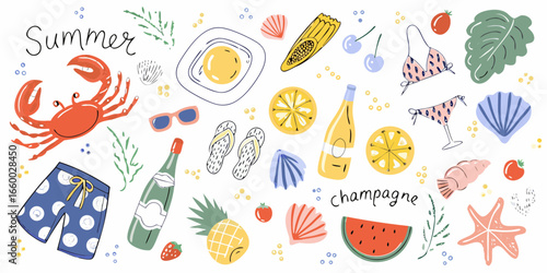 Summer vacation hand drawn illustration with crab fruits champagne and beach items