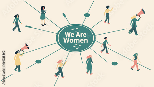 Diverse Women Walking and Speaking with Megaphones.