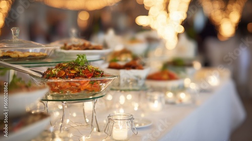 An elegant wedding buffet table, softly lit with a focus on the food arrangement.
