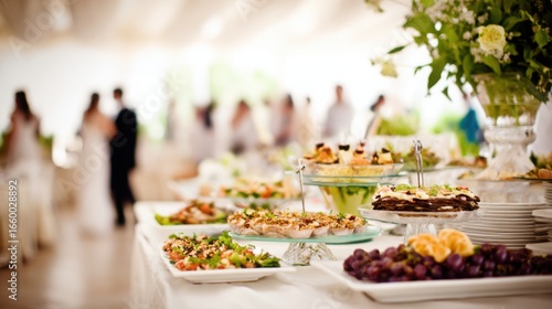 An elegant wedding buffet table, softly lit with a focus on the food arrangement.