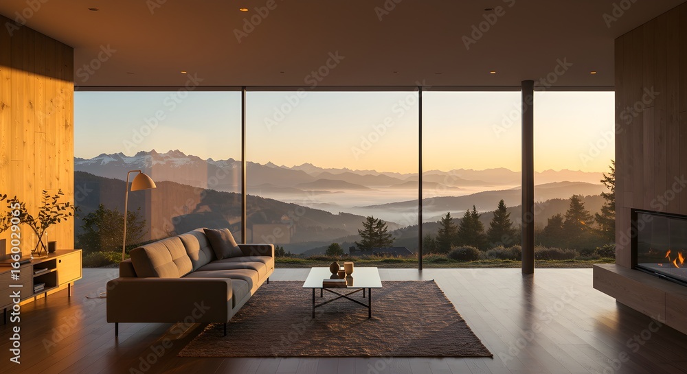 Fototapeta premium Modern living room with panoramic mountain view at sunrise, serene luxury escape