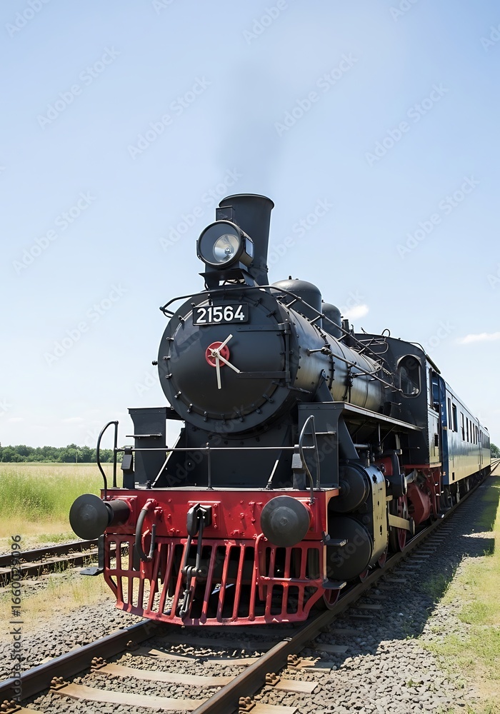 Fototapeta premium Vintage Steam Train Locomotive Against Blue Sky.