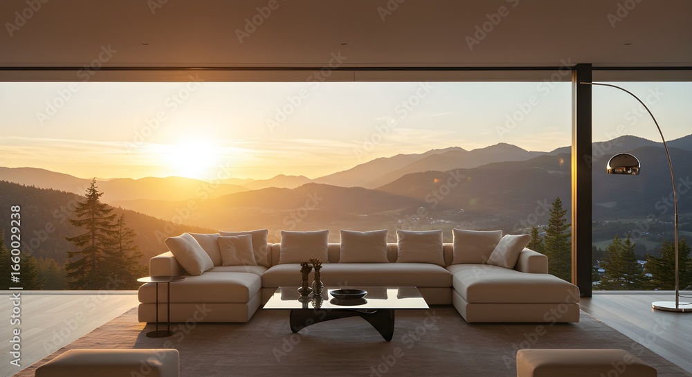 Fototapeta premium Modern living room, minimalist interior, sunset view, mountain landscape